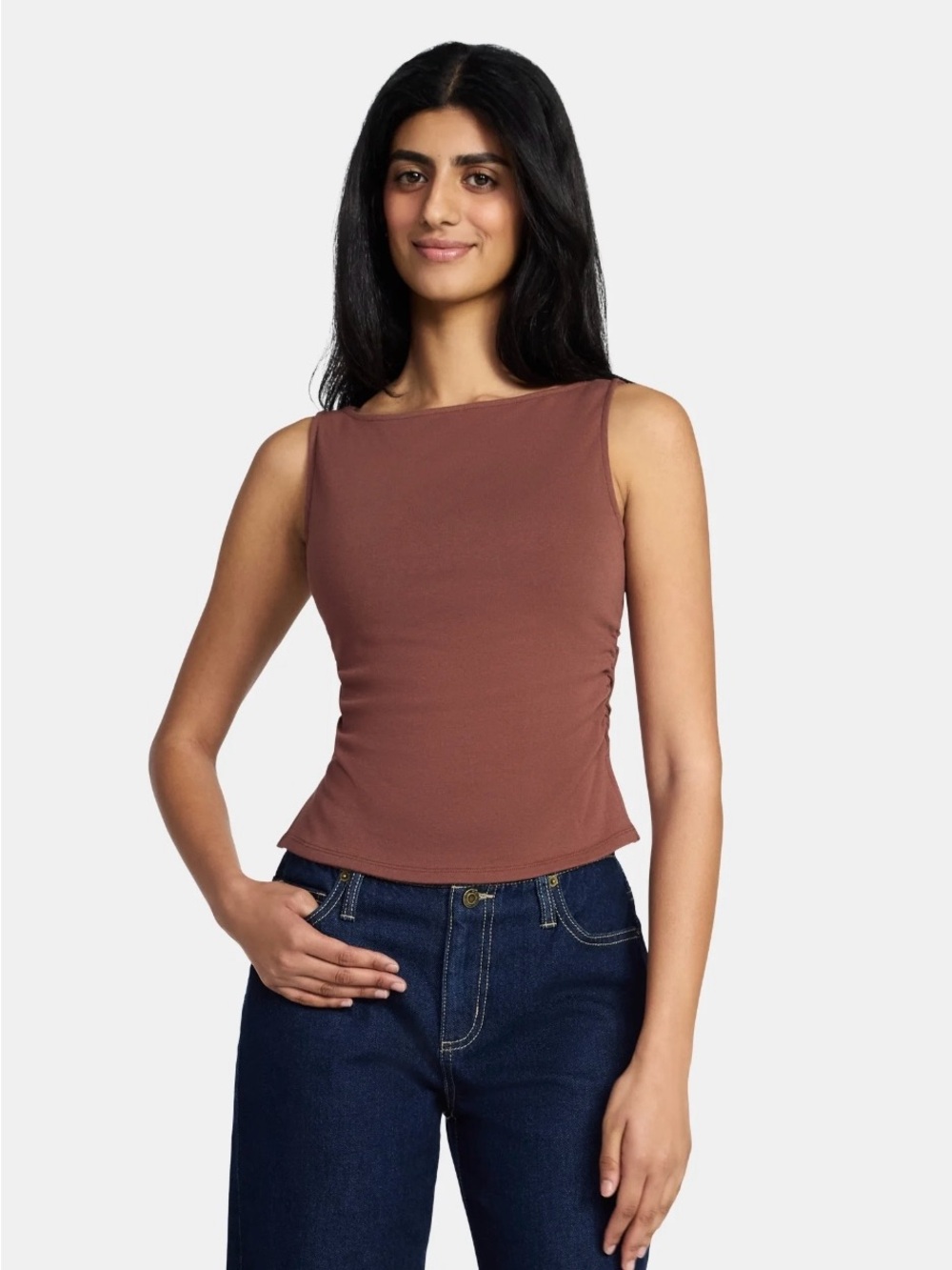 Fitted Brown Sleeveless Ruched Tank Top for Women